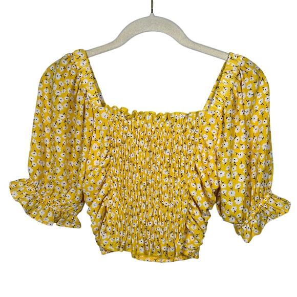 Altar'd State Yellow & White Floral Ruched Cropped Blouse Women's Small - Picture 2 of 4